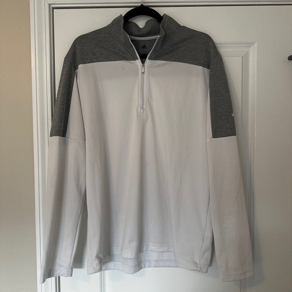 MEN’S WHITE AND GRAY ADIDAS QUARTER-ZIP PULLOVER - L